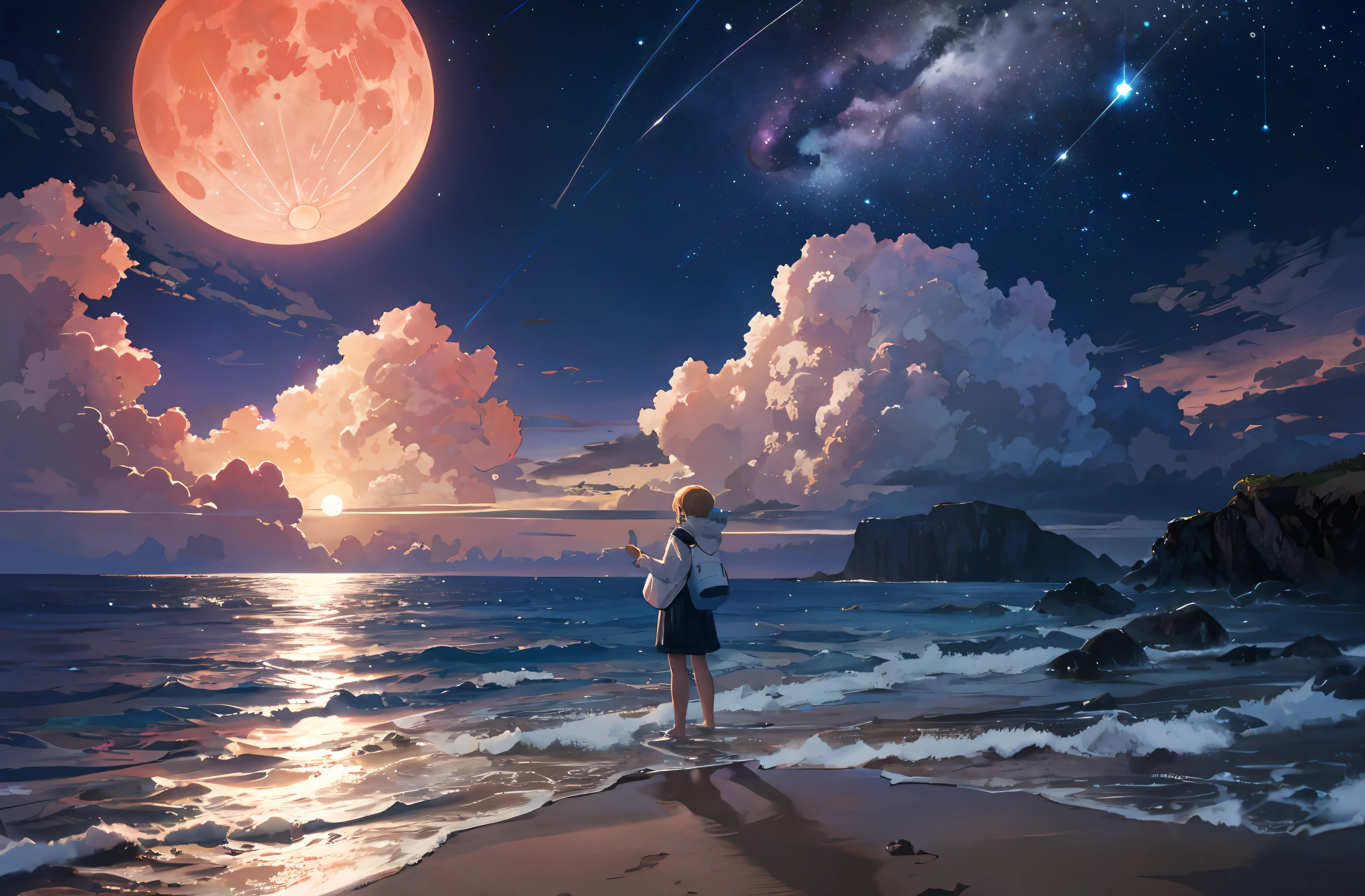 Landscape photos (seen from below, sky above, sea below), girl standing on a sandy beach looking up (full moon: 5.0), (meteor: 0.9), (nebula: 1.3), many different planets in the sky.