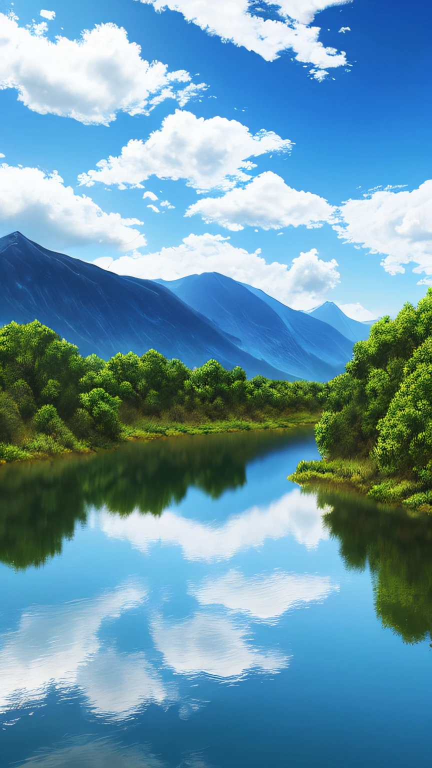 Cloudy sky, noon, mountain river with clear blue water water, 4k, hyperrealism