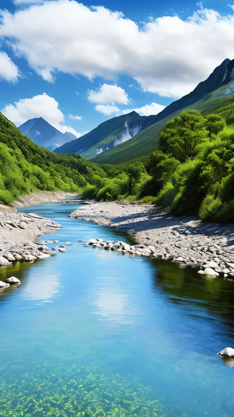 Cloudy sky, noon, mountain river with clear blue water water, 4k, hyperrealism
