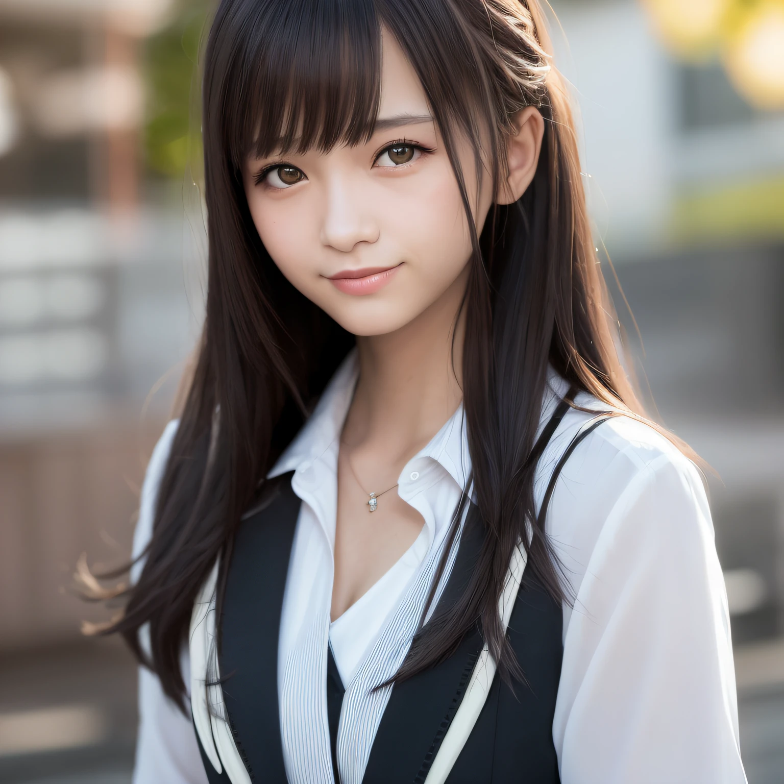 top-quality、​masterpiece)、White background、blurry backround、1girl、a beauty  girl、small tits、Shyness、red blush、超A high resolution、Beautie、cute little、solo、A  Japanese Lady。15yo student、hi-school girl、a smile。Beautiful young woman  model