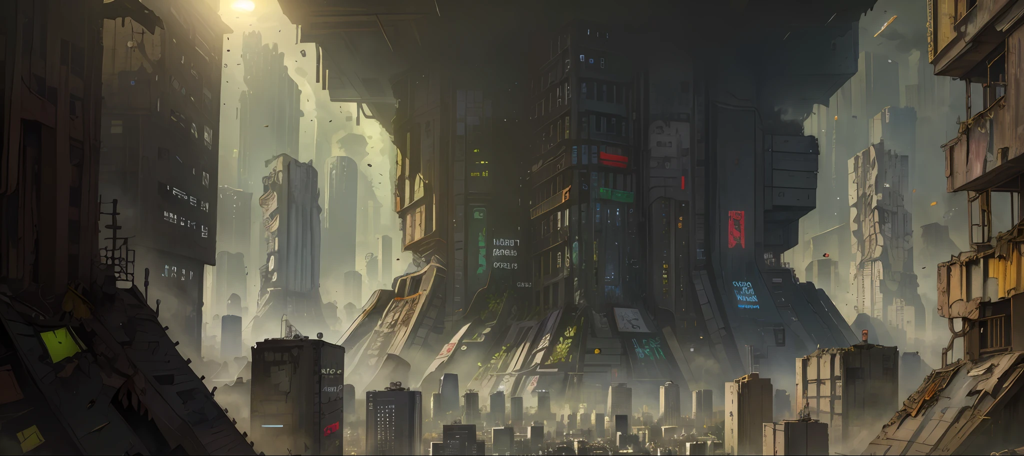 ((Best Quality)), ((Masterpiece)), (Very Detailed: 1.3), ((View of a Huge Dystopian Sprawling City)), Layers of Buildings Block the Sunlight (((Perfect Building))), Dirty Cracked Concrete and Dilapidated Steel Buildings, Towering Slums, 4k High Resolution, Masterpiece, Art Station Trend, (Clear Lines), Neon Sign,