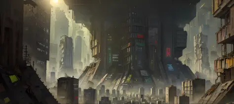 ((Best Quality)), ((Masterpiece)), (Very Detailed: 1.3), ((View of a Huge Dystopian Sprawling City)), Layers of Buildings Block ...