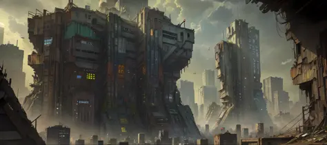 ((Best Quality)), ((Masterpiece)), (Very Detailed: 1.3), ((View of a Huge Dystopian Sprawling City)), Layers of Buildings Block ...