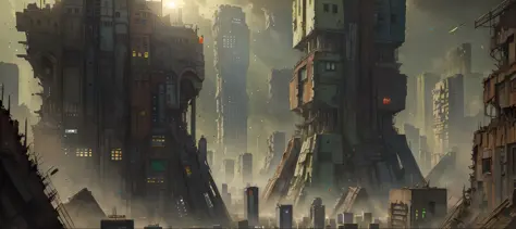 ((Best Quality)), ((Masterpiece)), (Very Detailed: 1.3), ((View of a Huge Dystopian Sprawling City)), Layers of Buildings Block ...