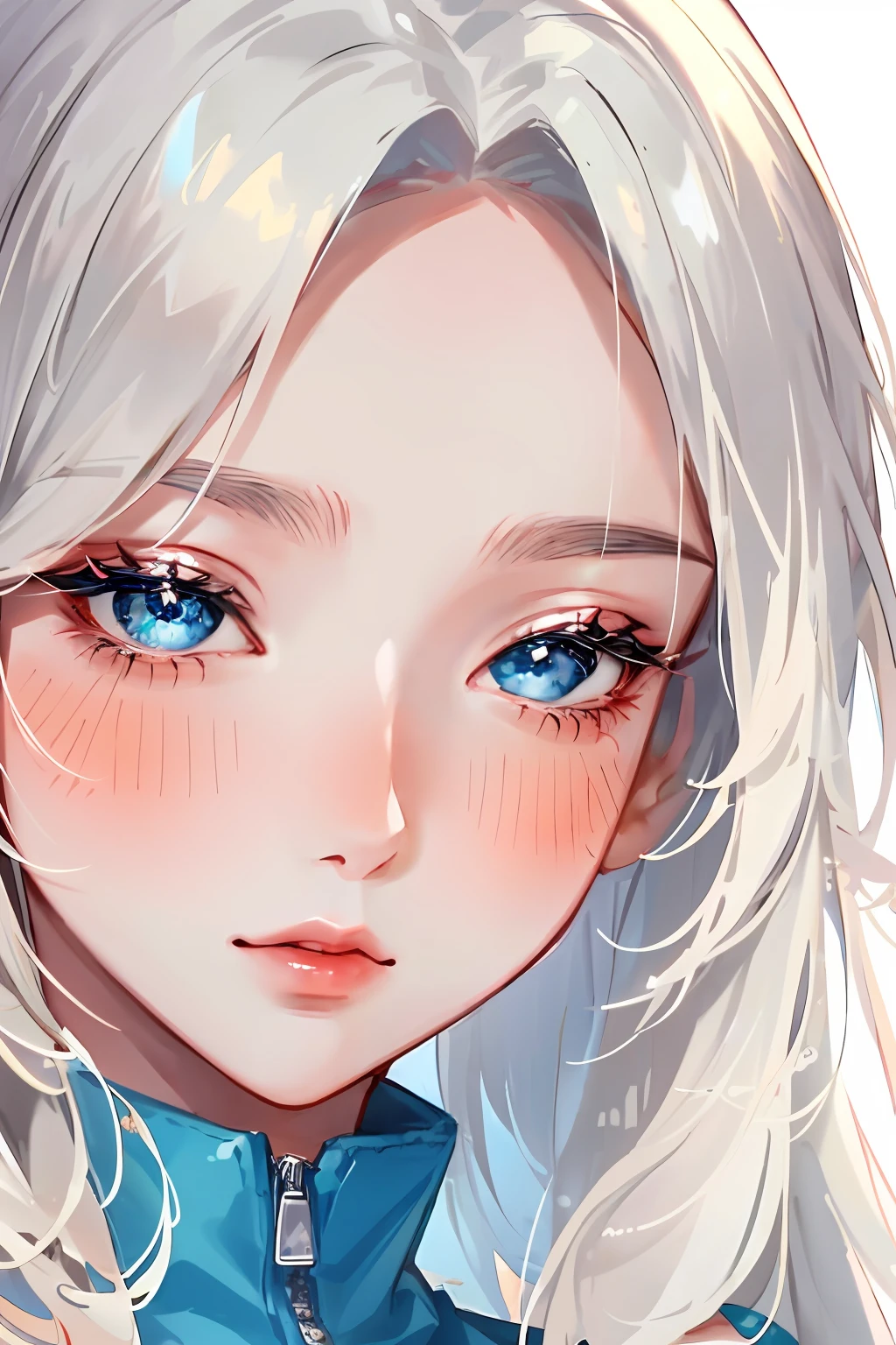 1girl, solo focus, young women, skin imperfection, light white skin, perfect face, puffy face, beautiful face, puffy eyes, blue eyes, perfect eyes, eyelashes, long platinum blonde hair, soft bangs, makeup, blush, blush nose, glitter makeup on eyes, detailed anime soft face, pink clothes,