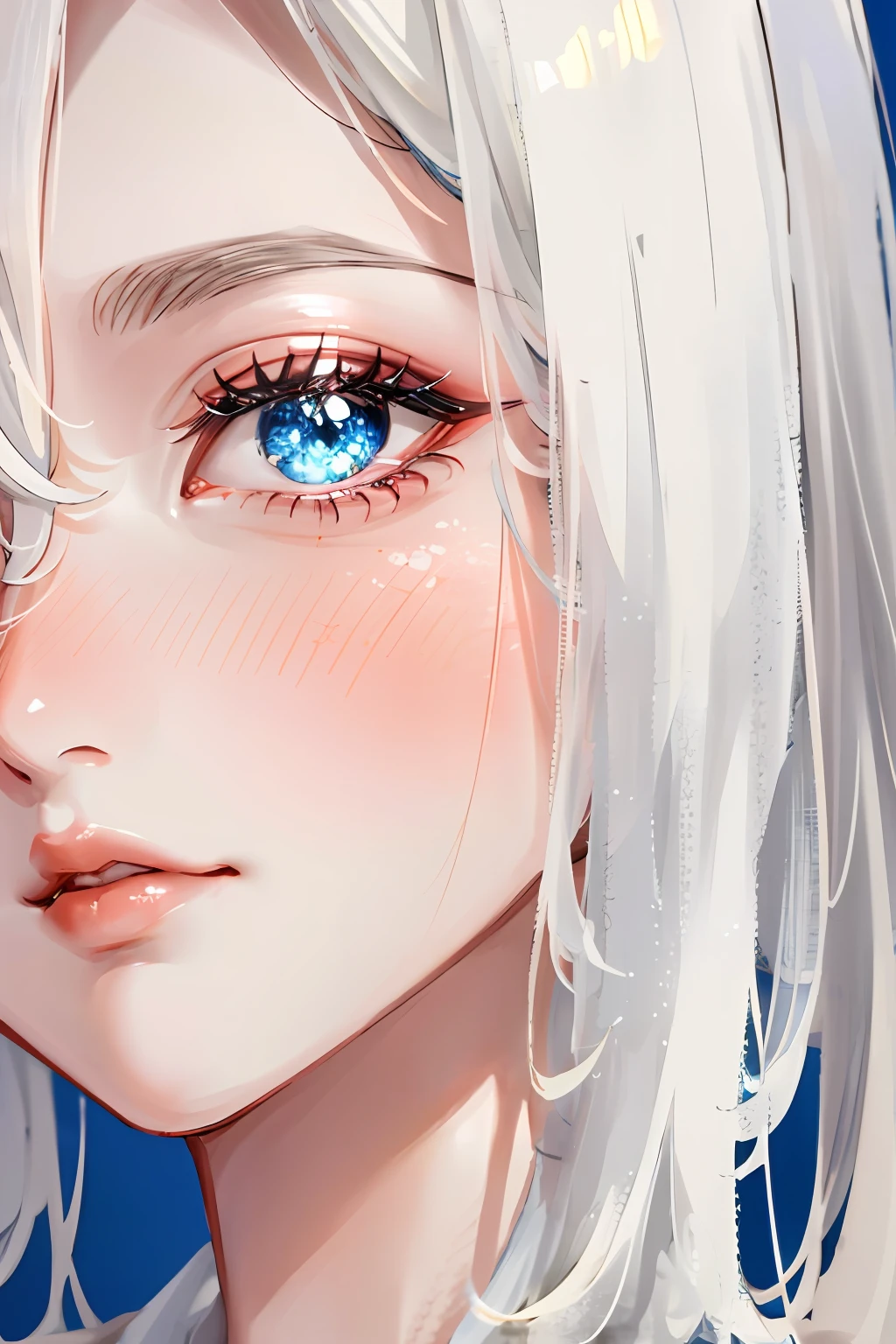 1girl, solo focus, young women, skin imperfection, light white skin, perfect face, puffy face, beautiful face, puffy eyes, blue eyes, big eyes, perfect eyes, eyelashes, long platinum blonde hair, bangs, makeup, blush, blush nose, glitter makeup on eyes, detailed anime soft face, pink clothes,