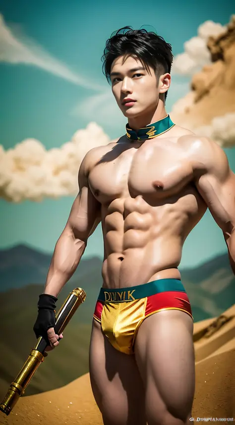(Best quality, masterpiece: 1.2), a Chinese male, 20 years old, Dunhuang costume, muscle flying sky, muscle bodhisattva, full of muscles, flying costume, muscle bodhisattva, with head halo, Dunhuang male flying sky, gorgeous, bright, Dunhuang style costume...