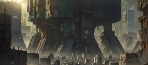((Best Quality)), ((Masterpiece)), (Very Detailed: 1.3), ((View of a Huge Dystopian Sprawling City)), Layers of Buildings Block ...