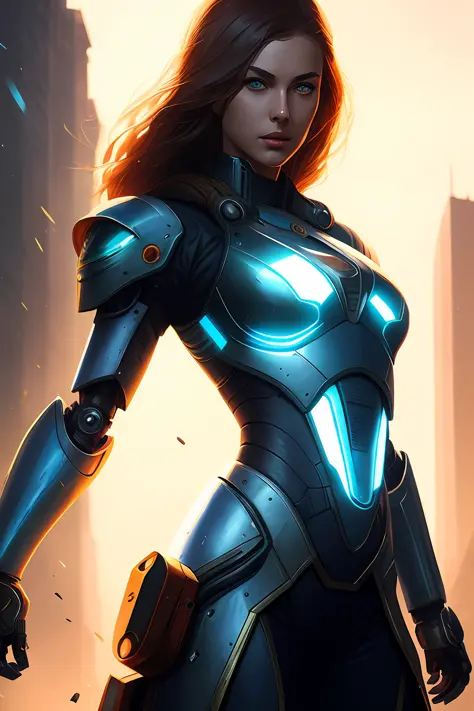 nousr robot, masterpiece, best quality, 8k, fantasy photo of beautiful female wear very skimpy blue chrome mecha armor:1.2), (pe...