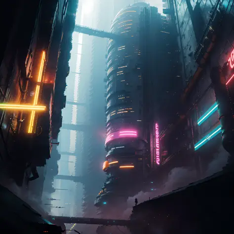 Cityscape consisting of neon lighted buildings and roads, highly detailed, futuristic, inspired from cyberpunk 2077, neon red an...