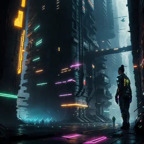 Cityscape consisting of neon lighted buildings and roads, highly detailed, futuristic, inspired from cyberpunk 2077, neon red an...