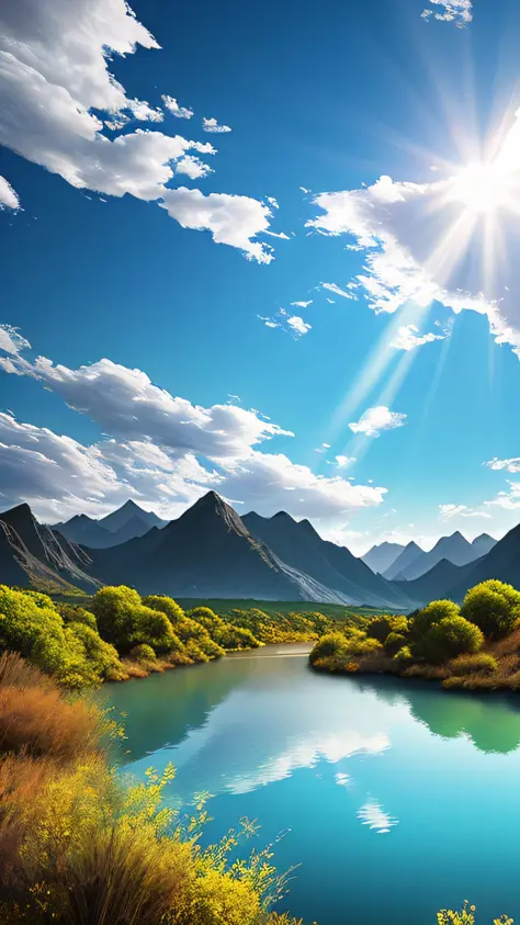 Cloudy sky, sun rays, noon, mountains and rivers with clear blue water, 4k, surrealism