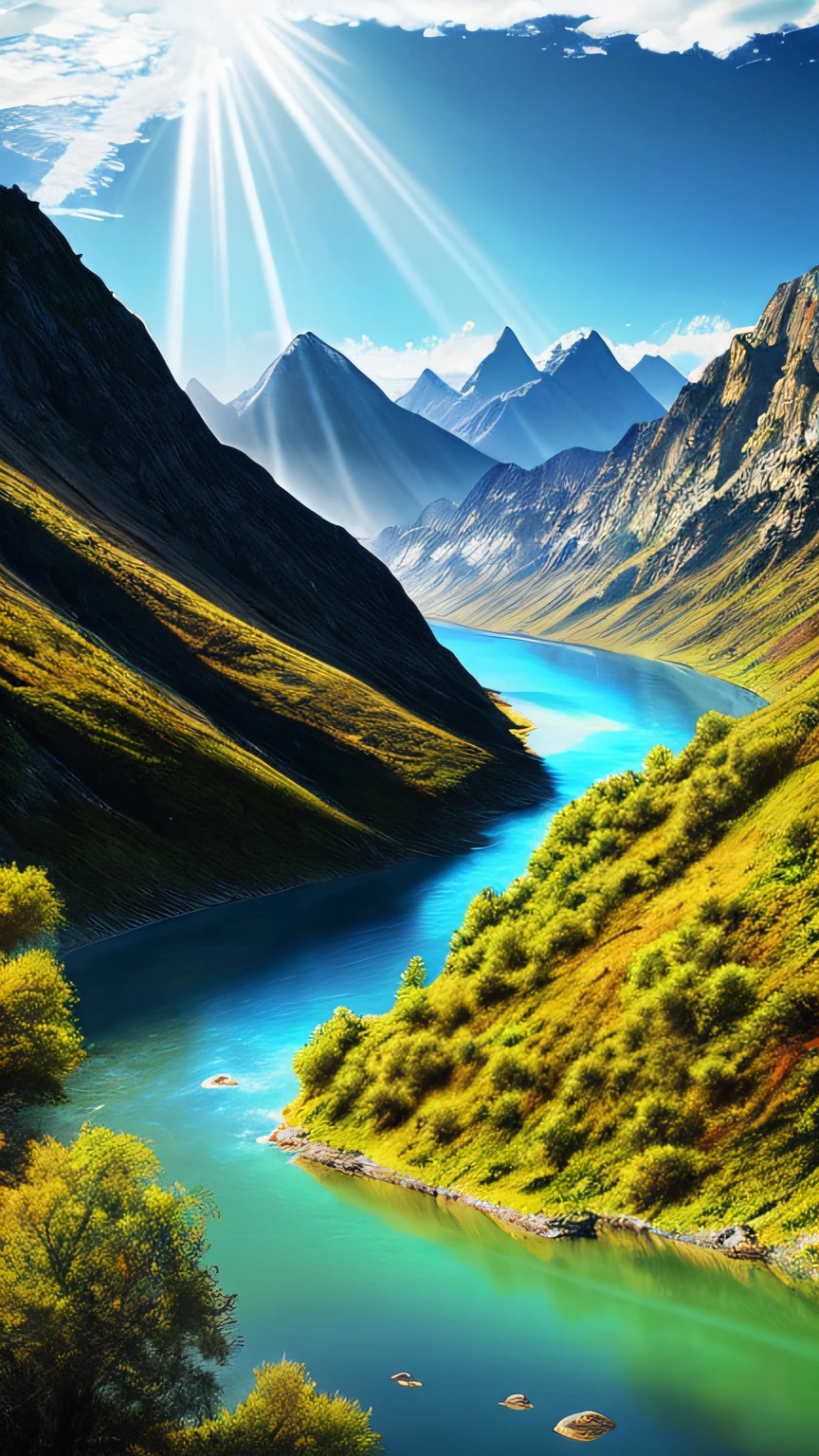 Cloudy sky, sun rays, noon, mountains and rivers with clear blue water, 4k, surrealism