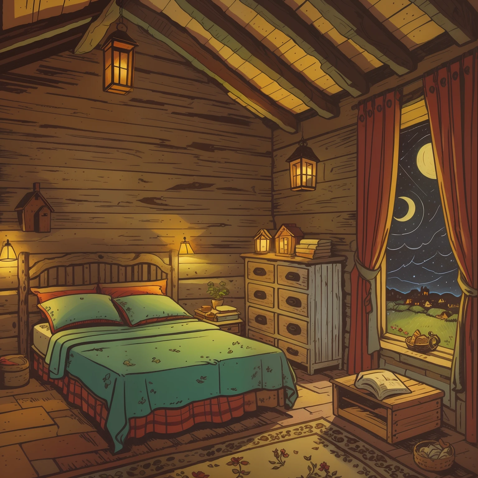 children's picture book illustration, two rustic beds, inside a rustic farmhouse, 18th century France, night, impressive composition, dim, wide angle lens, cute, color illustration,