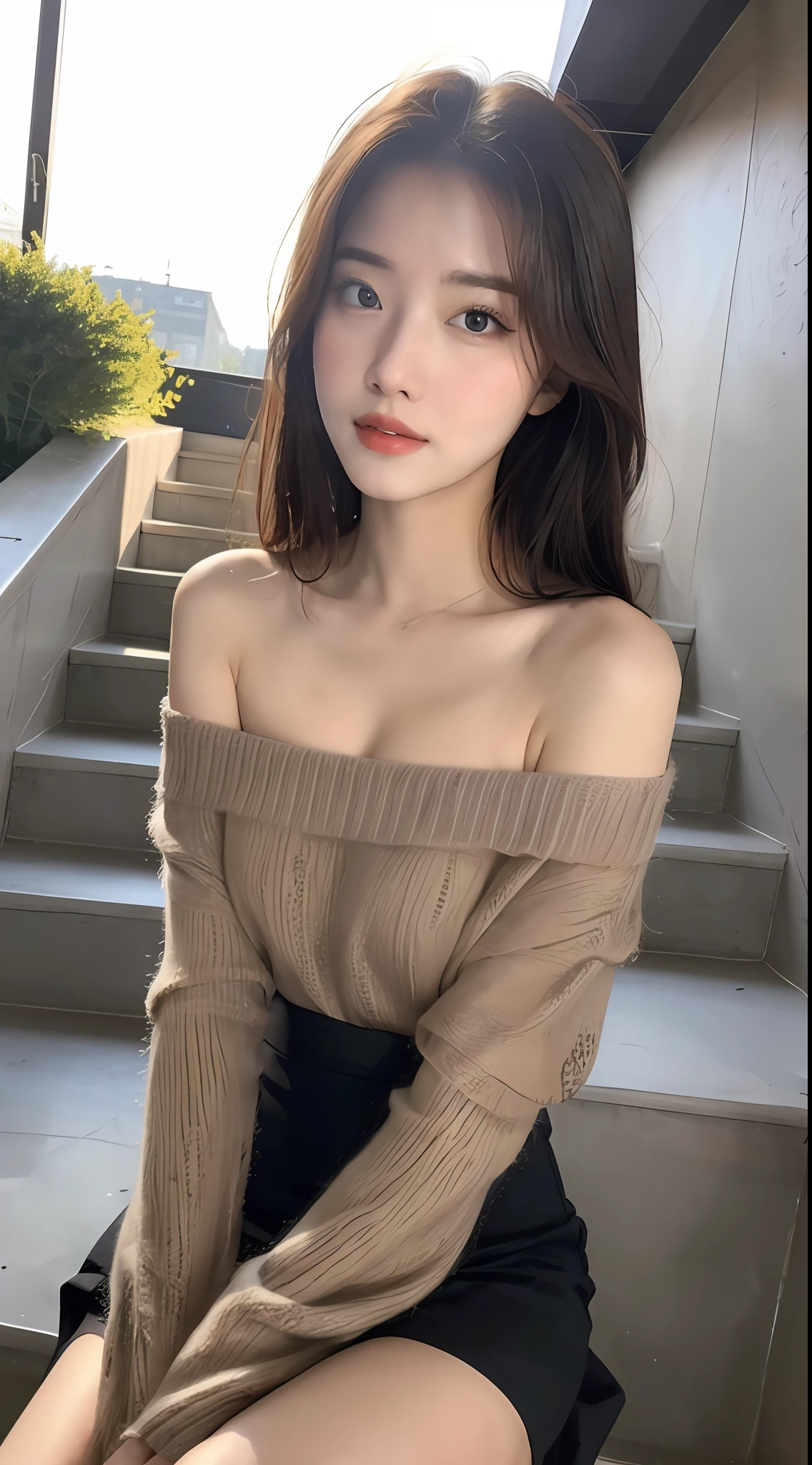 (1 Korean girl), ((best quality, 8k, masterpiece: 1.3)), ultra-clear details, perfect body beauty: 1.4, (done on stairs: 1.3), (city), (beautiful scenery: 1.3), highly detailed face and skin texture, fine eyes, double eyelids, whitened skin, (black straight face: 1.3), (round face: 1.5), (off-the-shoulder skirt: 1.4),