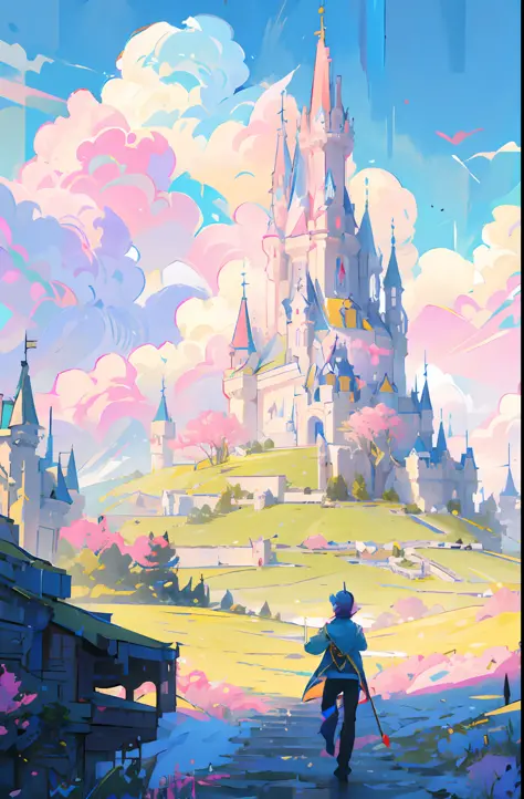 anime style painting of a castle with a man walking in front of it, flying cloud castle, magical castle, colorful concept art, f...
