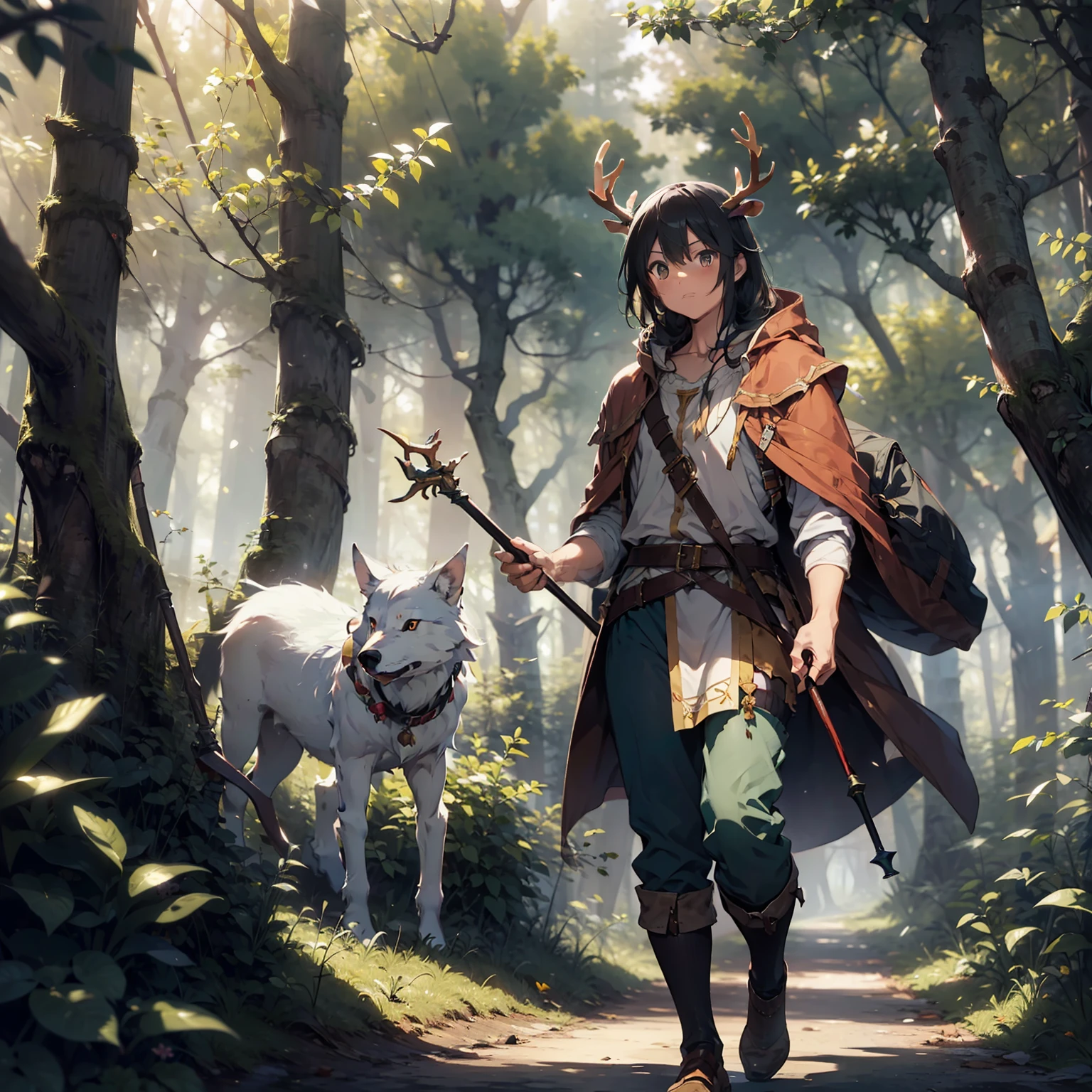 A man, a druid, wearing antlers, deerskin, cloth, and staff, stood in the forest. He was followed by a wolf. Magical world, game illustration style