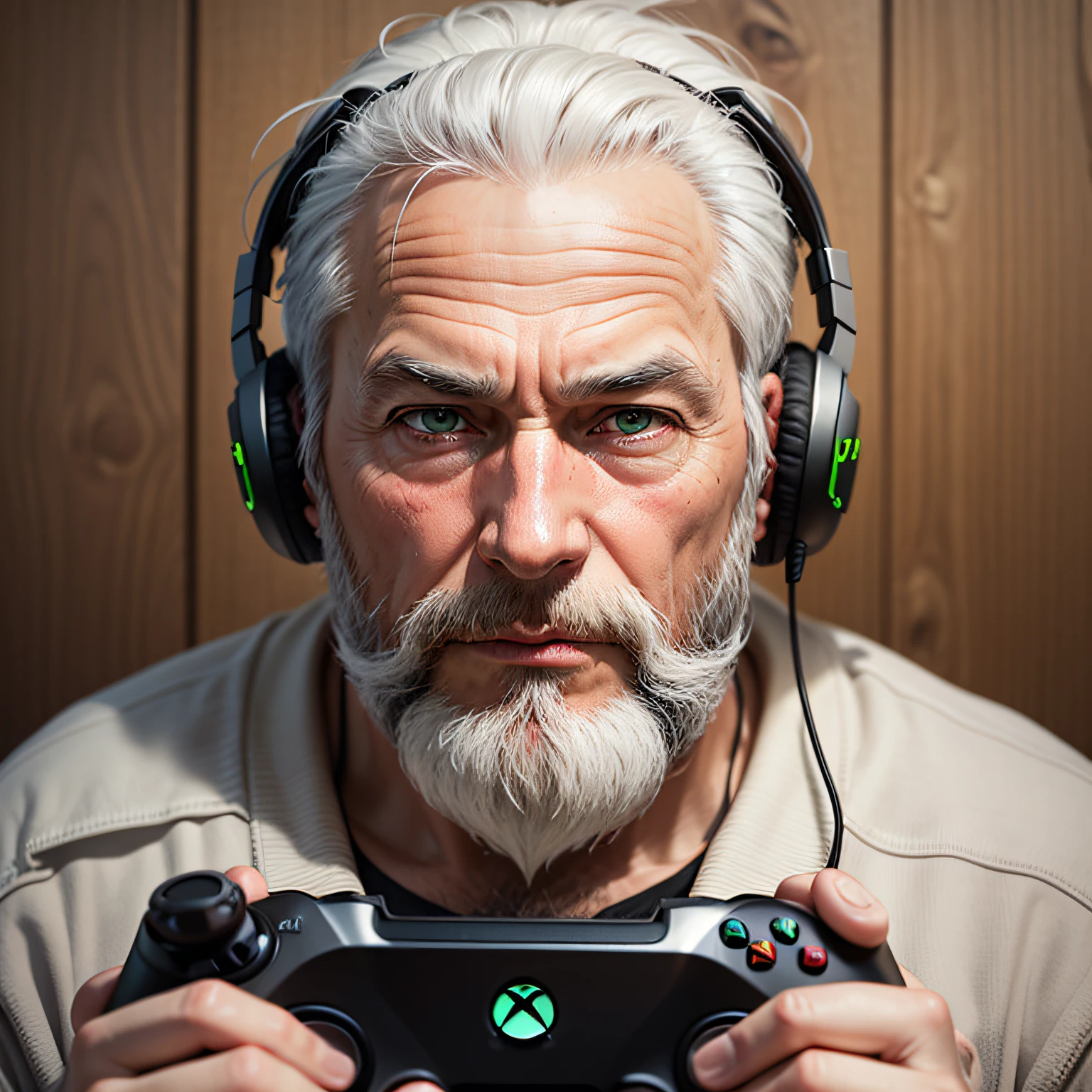 logo, men old 40, white hear, long beard, play xbox game, with headphone,