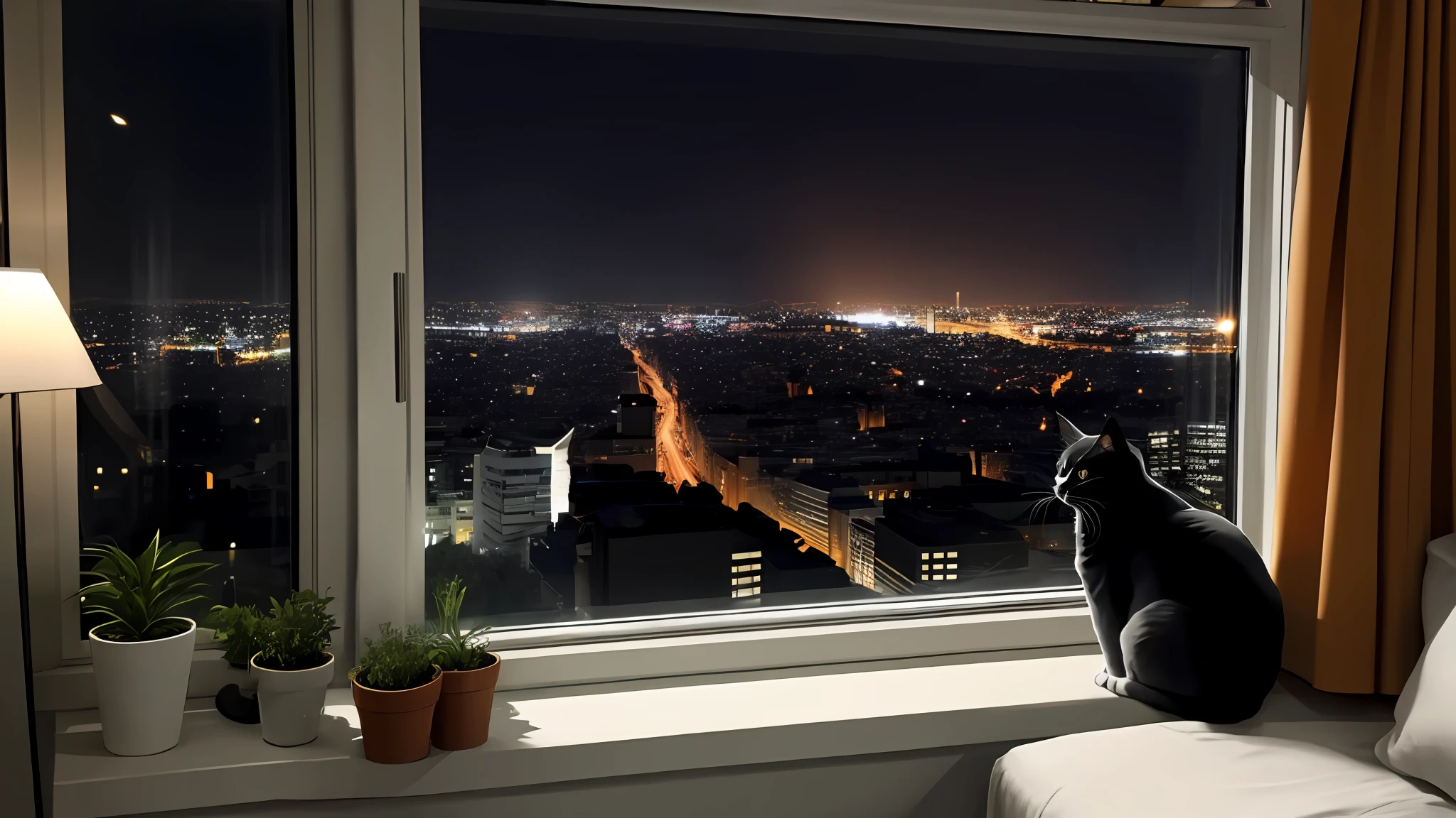 A cute cute light orange cat, sitting on the windowsill, sad mood, the room is very luxurious, the room is very dark, the cat looks at the night view rain outside the big glass window, night shot, outside the window is the city building, it is very dark, rainy weather. Good view, Leica 8K stills from the A24 movie, looking out, shooting, looking at the city, movie view!