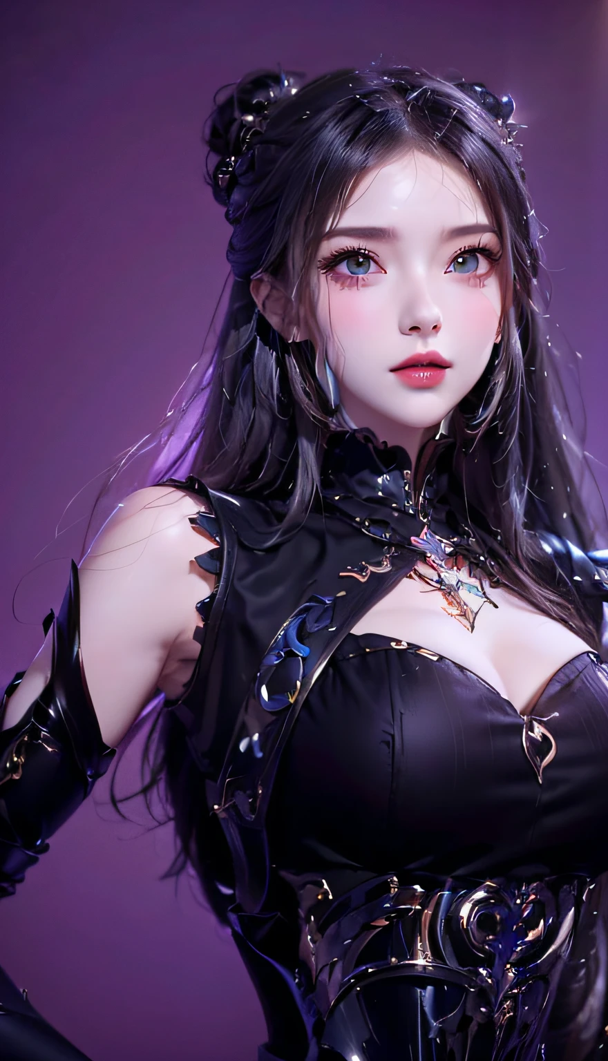 a close-up of a woman dressed in black posing for a photo, Artgerm; 3D Unreal Engine, smooth anime CG art, 8K high quality detail art, 3D rendered character art 8K, extremely detailed art, portrait knight of zodiac girl, fantasy art style, 2. 5 D CGI Anime Fantasy Art, Gothic Shoujo Anime Girl, ((Need for Beauty)), ((Feminine and Sexy)), ((Perfect Face)), ((Delicate Facial Features)), ((Beautiful Eyes, Meticulous Depiction, Close-up)), ((Pointed Nose))