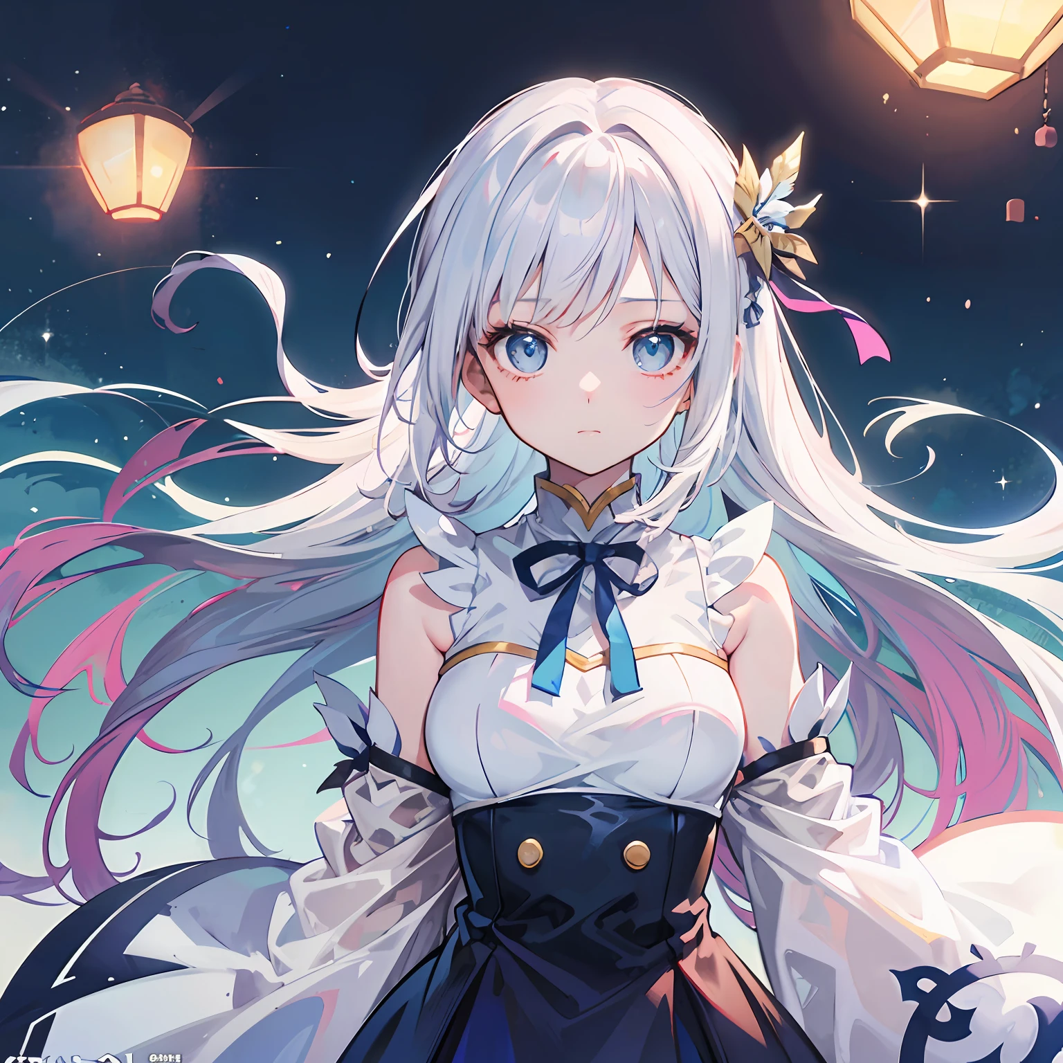 Anime girl with long white hair and blue eyes standing in front of a sky -  SeaArt AI