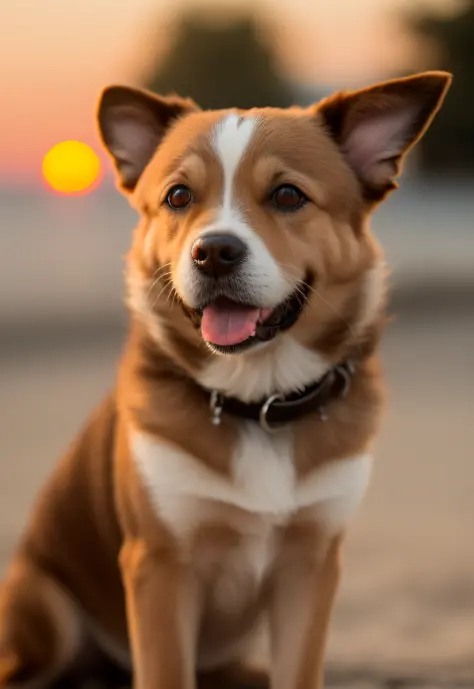 Close-up photo of a happy dog's face, sunset, 80mm, f/1.8, dof, bokeh, depth of field, subsurface scattering, stippling