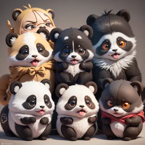 a  little  cute  panda,thick  lips,multiple poss andexpressionsas,angry,happy,coquettish,as an  illustration  set,chibi,pixar  animation,furious,3d,8k,dynamic  pose,dark  white,group,Expression  Collection,sheet