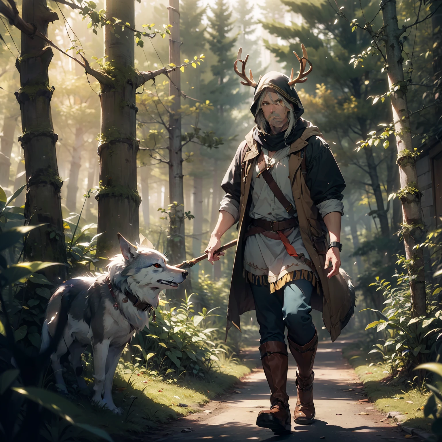 A middle-aged man, a druid, wearing antlers, deerskin, cloth, and staff, stood in the forest. He was followed by a wolf. Magical world, game illustration style