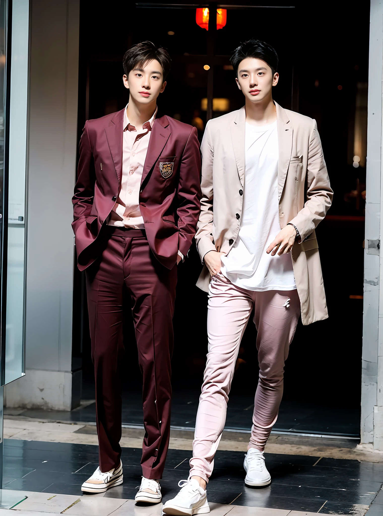 (Chinese Handsome: 1.5), 两个男人站在办公楼宇前，亲昵，gay couple, （pink suit：1.5）,pink theme, white shirt, formal wear, suit and leather shoes, business elite, realistic details, realistic photos, textured skin, looking into the camera, 18 years old boy, studio, model, long legs