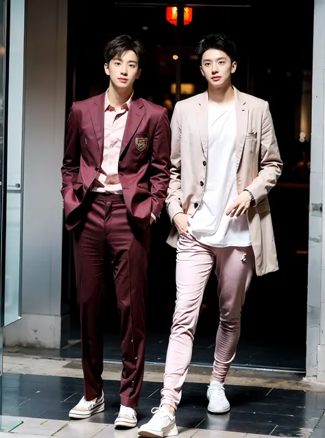 (Chinese Handsome: 1.5), 两个男人站在办公楼宇前，亲昵，gay couple, （pink suit：1.5）,pink theme, white shirt, formal wear, suit and leather shoes...