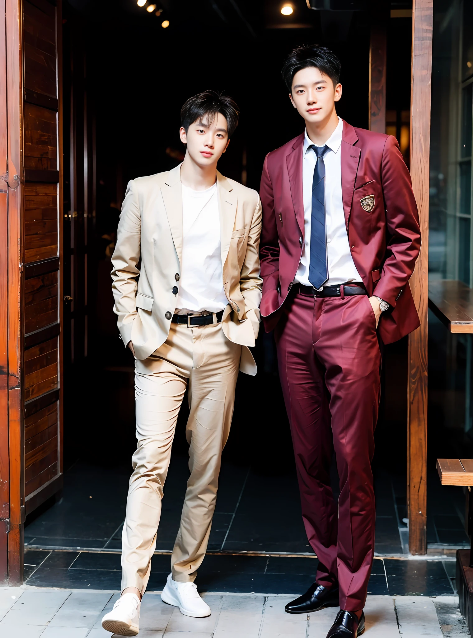 (Chinese Handsome: 1.5), 两个男人站在办公楼宇前，亲昵，gay couple, （pink suit：1.5）,pink theme, white shirt, formal wear, suit and leather shoes, business elite, realistic details, realistic photos, textured skin, looking into the camera, 18 years old boy, studio, model, long legs