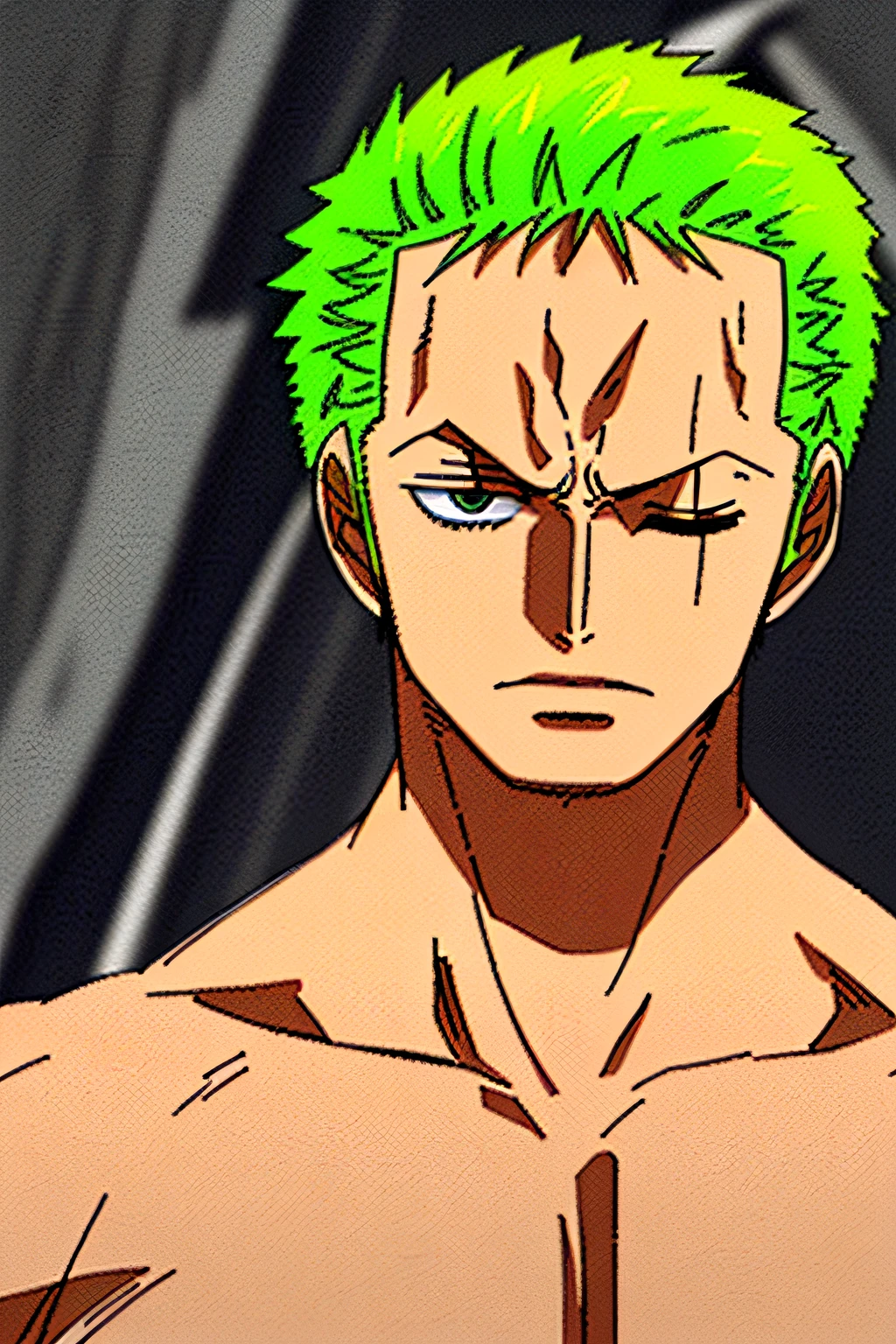 1boy, Wanostyle, Roronoa Zoro, Angry Expression, Katana, (one eye closed), scar on eye, green hair. Solo, upper body, ((masterpiece)), (best quality), (extremely detailed), watercolor, illustration, depth of field, sketch, dark intense shadows, sharp focus, soft light, HDR, colorful, good composition, spectacular, dark eyes, japanese clothes, semi-nude upper body, sunglasses,