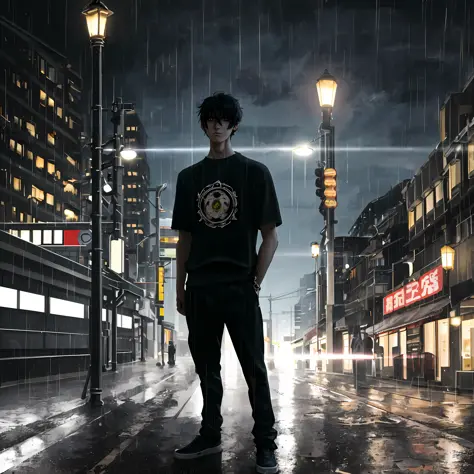 The boy, Short black hair, Sweatshirt T-shirt, Stand at the bus stop, ame, puddles, Reflection of a building in a puddle, Lonely...