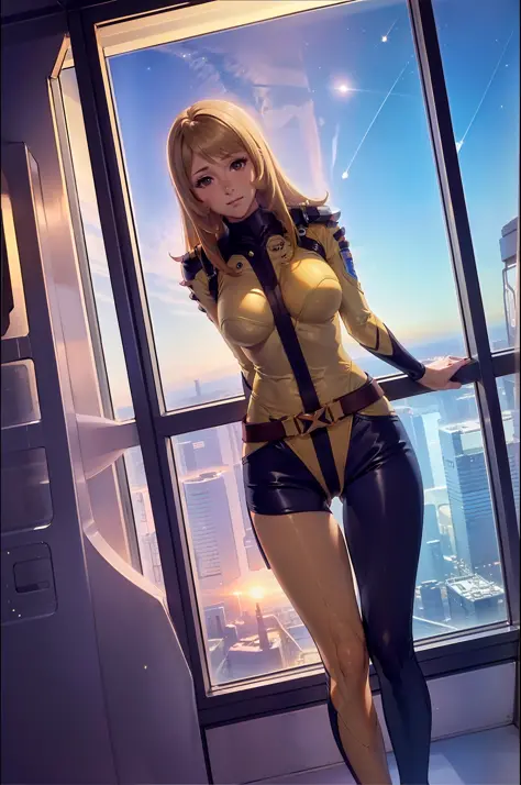 (masterpiece, best quality:1.2), cowboy shot, solo, 1girl, mori yuki, slight smile, closed mouth, looking at viewer, blonde hair, thigh gap, yellow bodysuit, skin tight, belt, large window, from front, (spread legs:1.3), (standing:1.1), starship interior, ...