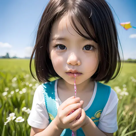 a close up of a child looking at a kite in a field, a poster inspired by Ding Yunpeng, trending on cg society, happening, spring...