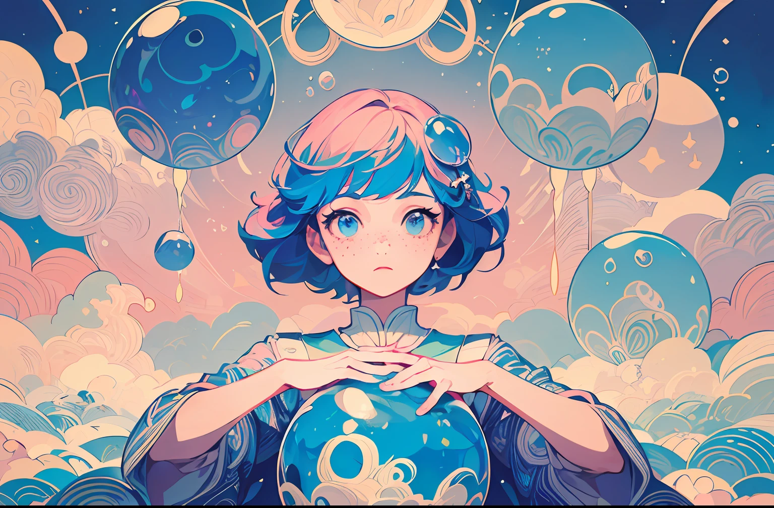 ((Masterpiece)), ((Ultra Detailed)), ((Best Quality)), Beautiful Detailed Eyes, Detailed Face, Best Lighting, Best Shadows, 1 Girl, Solo, ((Classic Disney Style, Edge Lighting, Flat 2D Style, Disney 2D)), ((The main colors are pink and blue)), Huge Bubbles, (Girl Inside Bubbles:1.5), Bubble Island, Bubble Land, World Made of Bubbles, Freckles, Cold Nose, (((Bubbles)), Marbles, European and American cartoon inspiration, (highly detailed), vortex effect,