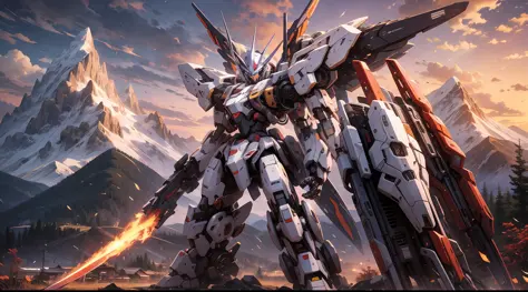 Mecha, holding a weapon, fighting other mecha, mountain village background, sunset purple sky
