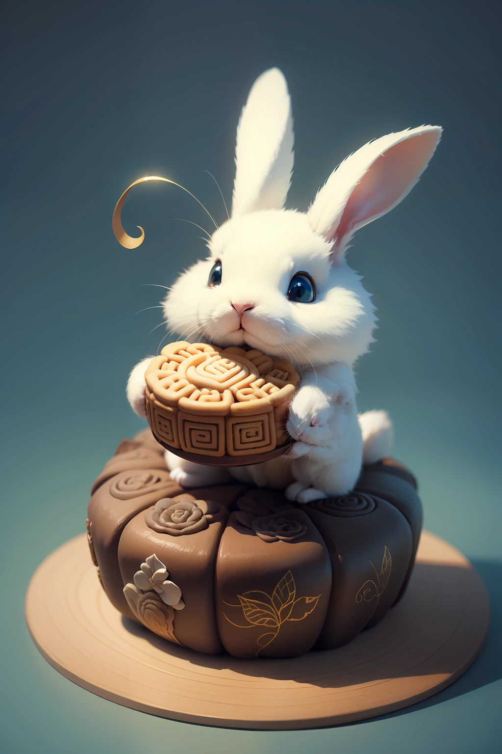 A little white rabbit holding a big mooncake, blue background, Pixar style, Chinese style