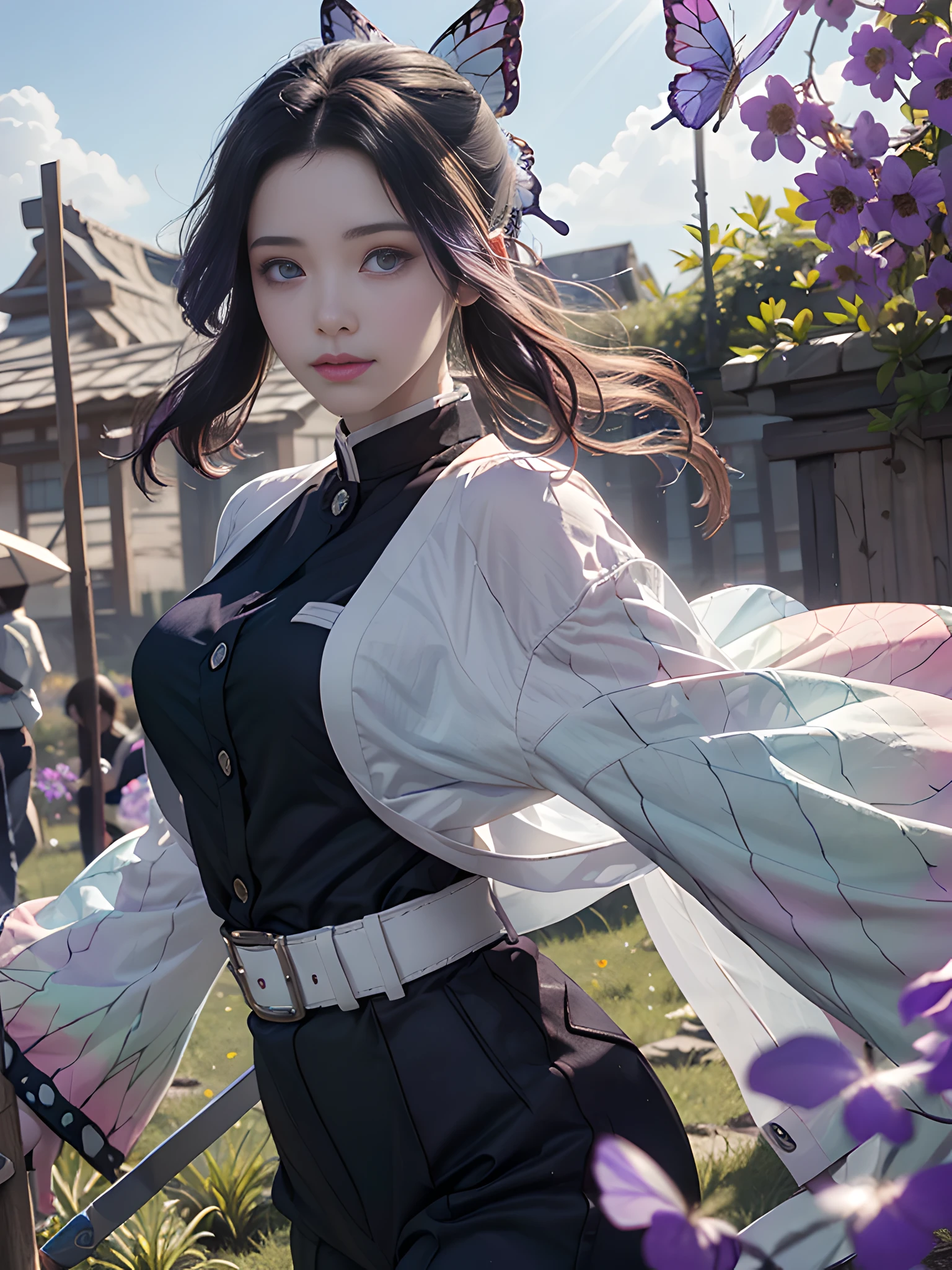 Ultra-realistic 8k CG, masterpiece, close-up, beauty, goddess, from the front, from the front, face sticking out, (super detailed background, delicate pattern, intricate details)), high quality, highly detailed face, highly detailed eyes and face, highly detailed eyes, kocho shinobi, multicolored hair, no bangs, hair intake, purple eyes, forehead, black shirt, black pants (haori, butterfly, buttons, belt, (Garden: 1.2), purple flowers, chibi, cloudy sky, sunlight, tyndall effect, gradient_sky, face, gorgeous sky, waist sword,