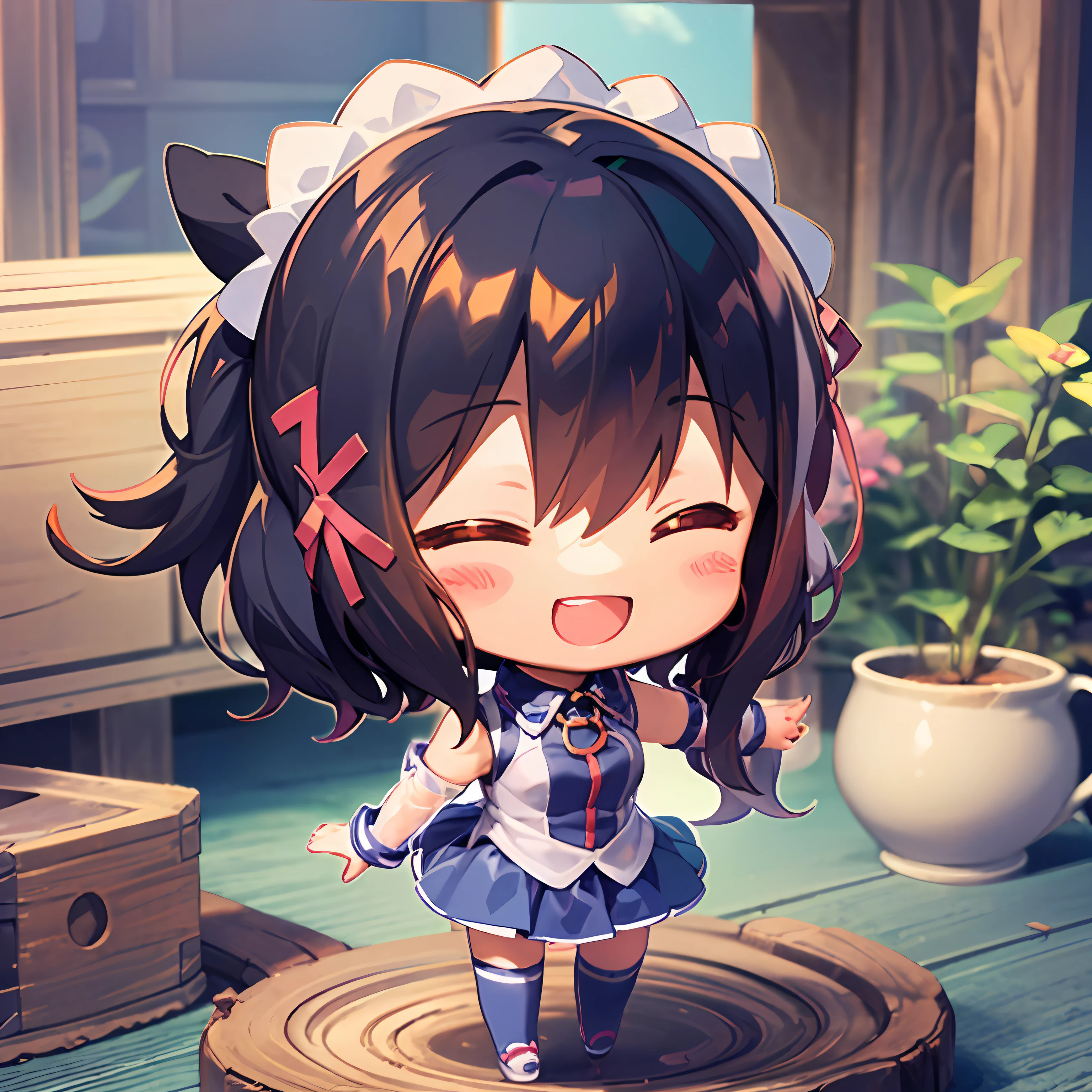 ((masterpiece)), ((((chibi anime)))), 1girl, solo ((((no background)))), xp-tan, black hair, xp hair ornament, detached sleeves, blue skirt, thighhighs(((nendroid))), one eye closed, smile, short cut, fu1fu,charcter doll,chibi