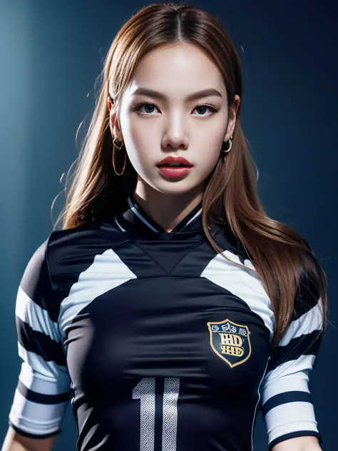 Masterpiece, superlative, realistic, Jennie wearing trendy football uniform, HD, photography and lighting, 16k