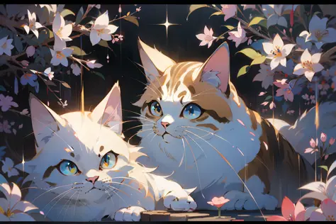 Cute white puppet cat, Hayao Miyazaki dream style, surrealist animal illustration, bow, flowers, Meiji art, light color color pa...