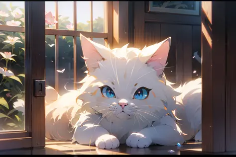 Cute white puppet cat, Hayao Miyazaki dream style, surreal animal illustration, bow, flowers, window, sky, meiji art, light colo...