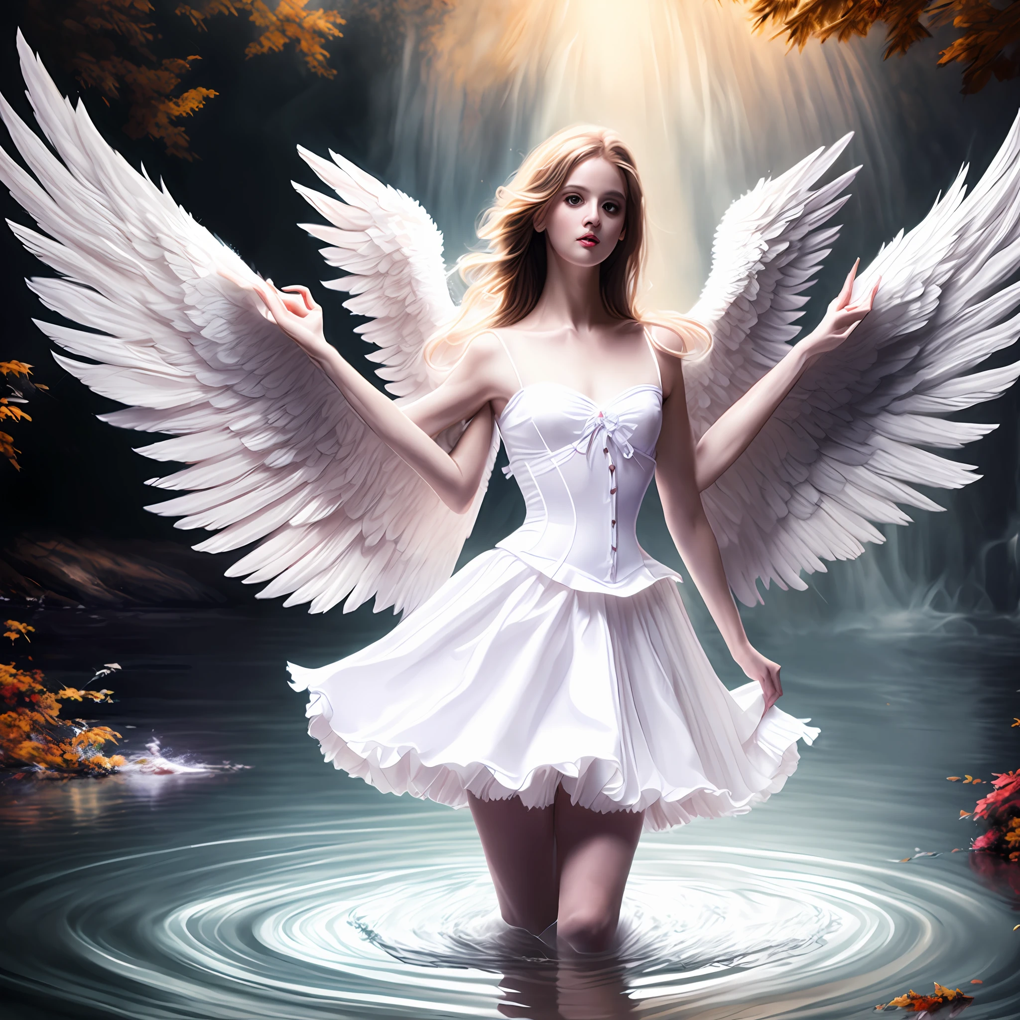 photo (fallenangel style:1) a digital painting of an (attractive angel:1) standing in the water wearing a white silk corset and ballerina skirt