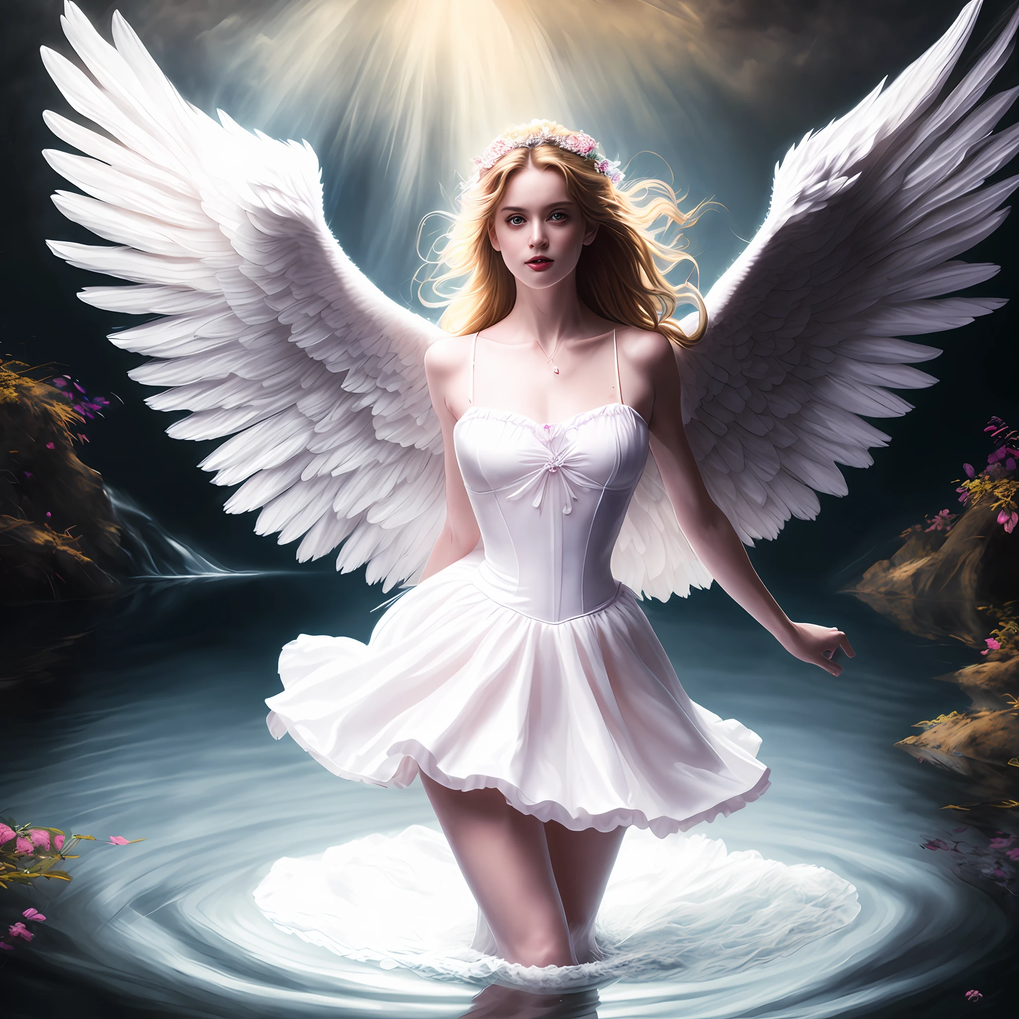 photo (fallenangel style:1) a digital painting of an (attractive angel:1) standing in the water wearing a white silk corset and ballerina skirt