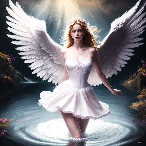 photo (fallenangel style:1) a digital painting of an (attractive angel:1) standing in the water wearing a white silk corset and ...