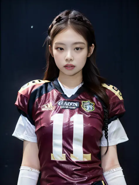 masterpiece, superlative, realistic, jennie wearing trendy football uniform, hd, photography and lighting, 16k