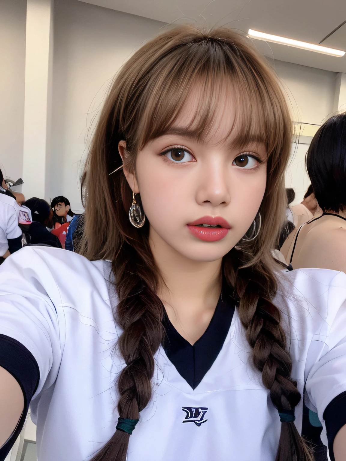 (Best Quality, 16k, Masterpiece: 1.3), Pretty Woman, 1Girl, Two Braids, Football Jersey, Open Waist, Ultra-Detail Face, Detail Lips, Detail Eyes, Double Eyelids, HD