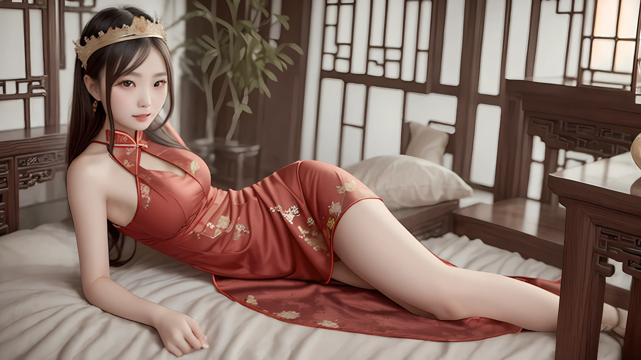 Une femme girafe en robe rouge allongée sur un lit avec des oreillers, une belle impératrice fantastique, Chinoise, tendance sur cgstation, princesse chinoise, costume chinois, impératrice chinoise, beau rendu de la dynastie Tang, xianxia complet du corps, ((une belle impératrice fantastique)), robe chinoise, style chinois, porter un cheongsam rouge, fantaisie chinoise