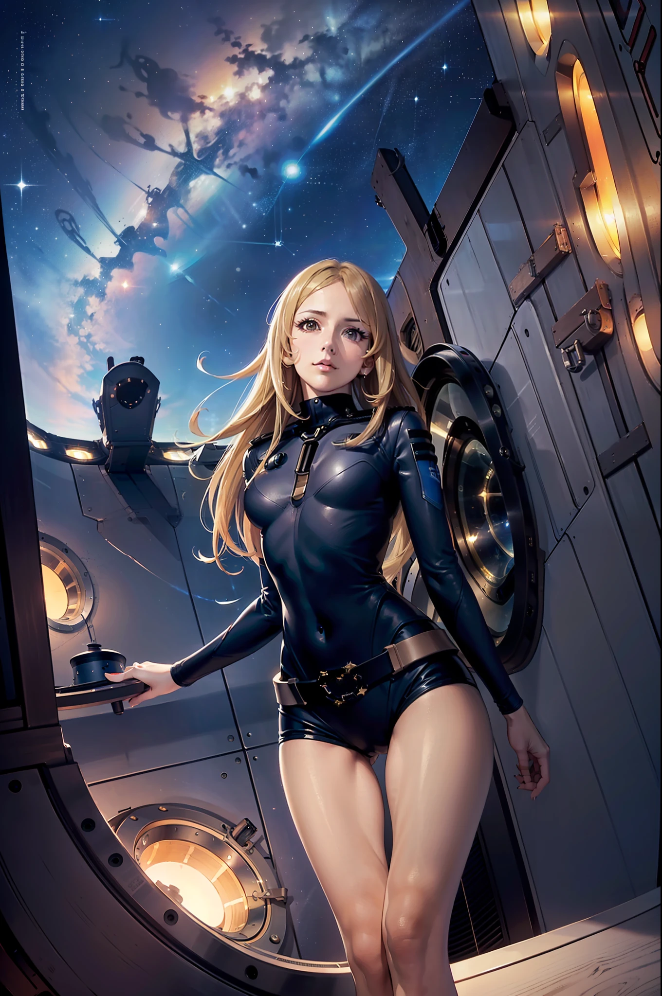(masterpiece, best quality:1.2), (cowboy shot:1.1), solo, 1girl, mori yuki, slight smile, closed mouth, looking at viewer, blonde hair, thigh gap, yellow bodysuit, skin tight, belt, large window, (starship porthole:1.5), from front, (spread legs:1.3), (standing:1.1), starship interior, (outer space view:1.1), (orbital view:1.3), (night, stary sky:1.5), milky way
